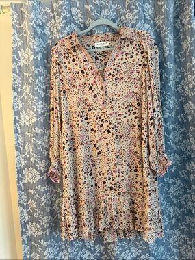 Hale Bob Cream Floral Leopard Print Long Sleeve Ruffle Hem Dress